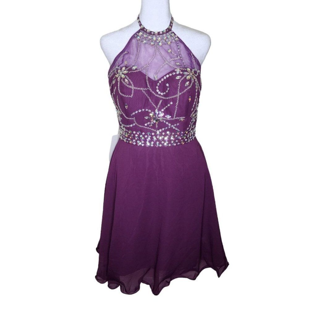 Y2K Cocktail Mini Dress Womens Size 6 Purple New Illusion Halter Chiffon Beaded